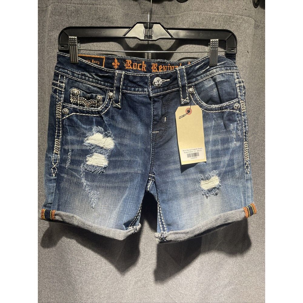 New Rock Revival Ysabelle Bermuda Distressed Denim Shorts, Size 27